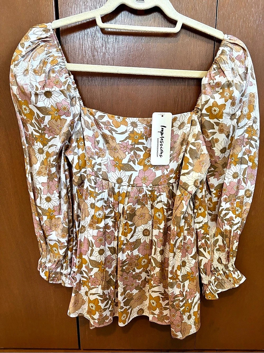Impressions Floral Square Neck Blouse in Brown & Pink